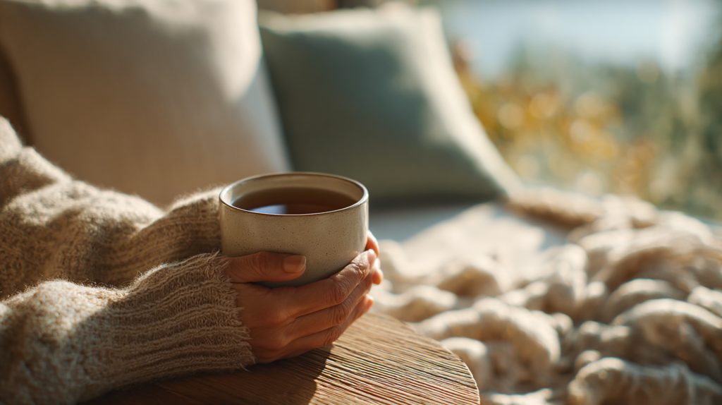 Person in Strickpullover hält Tasse Tee, sitzt auf Sofa mit Decke; entspannte Atmosphäre.
