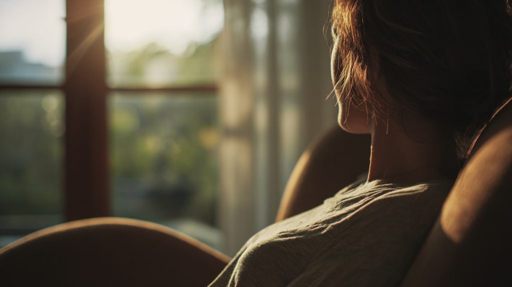 Frau entspannt auf einem Sessel vor einem Fenster im Sonnenlicht, blickt nach draußen.
