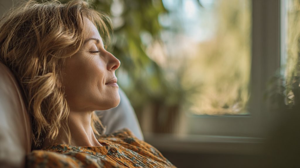 Frau entspannt mit geschlossenen Augen, sitzt vor einem Fenster mit Blick ins Grüne.