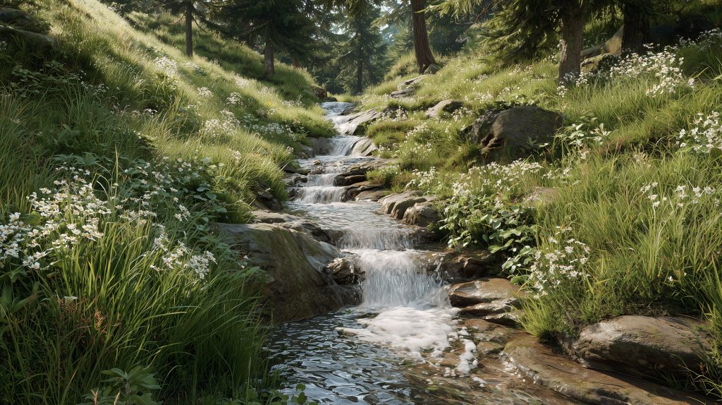 Natürlicher Bach fließt durch grüne Wiese mit weißen Blumen und Bäumen im Hintergrund.