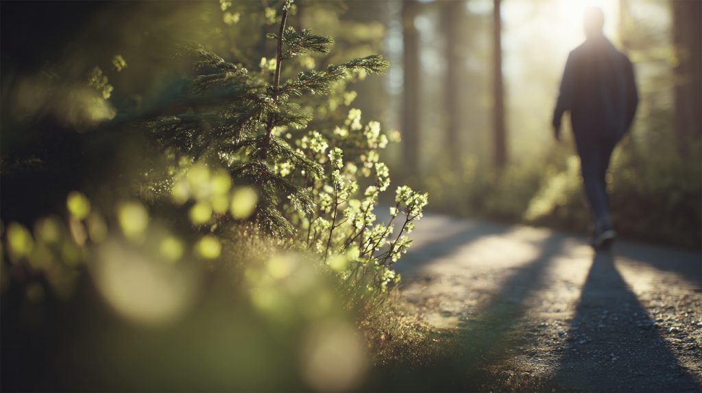 Person spaziert auf Waldweg im Sonnenlicht, umgeben von Bäumen und Blumen.