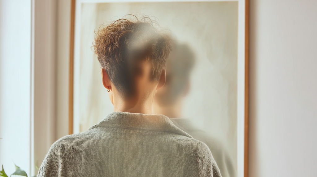 Person mit kurzen Haaren steht vor einem verschwommenen Spiegel, trägt einen grauen Pullover, Pflanzen im Vordergrund.