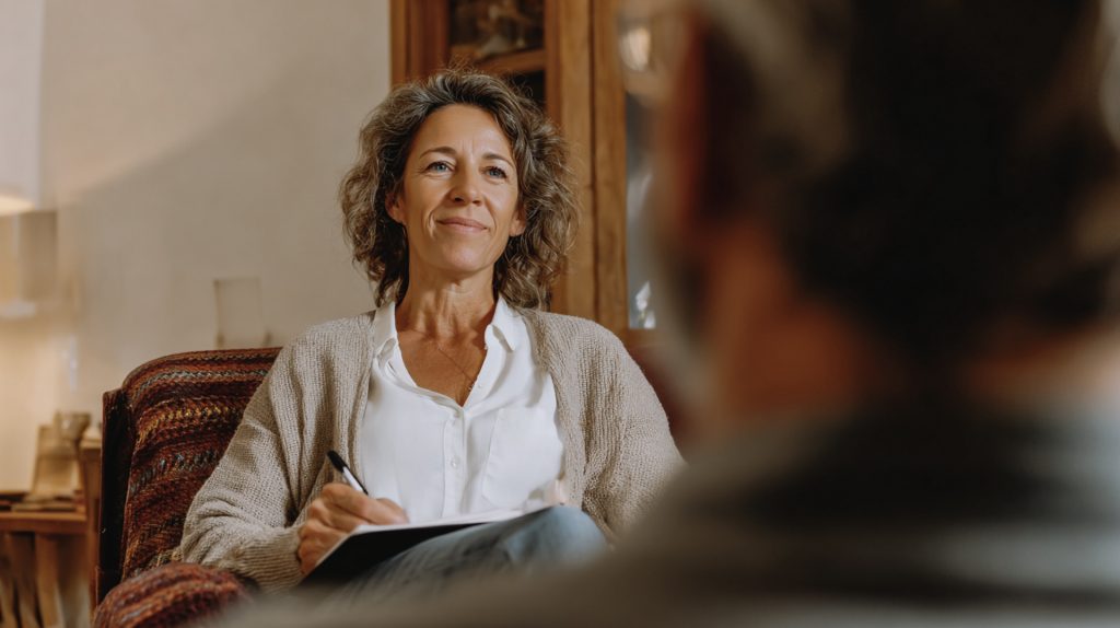 Frau in hellbraunem Cardigan lächelt, hält Notizblock, sitzt gegenüber einer unscharfen Person.