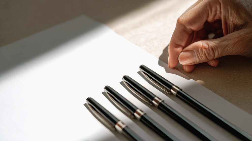 Nahaufnahme einer Hand, die ein Blatt Papier neben vier schwarzen Stiften auf einem Tisch berührt.